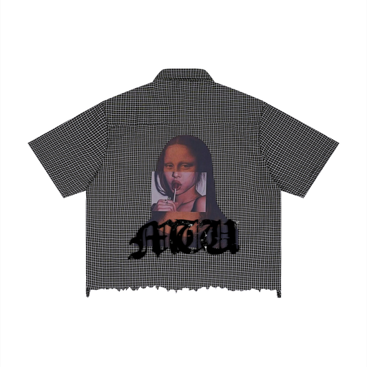 "Button up "Unisex Distressed Plaid Boxy Shirt.