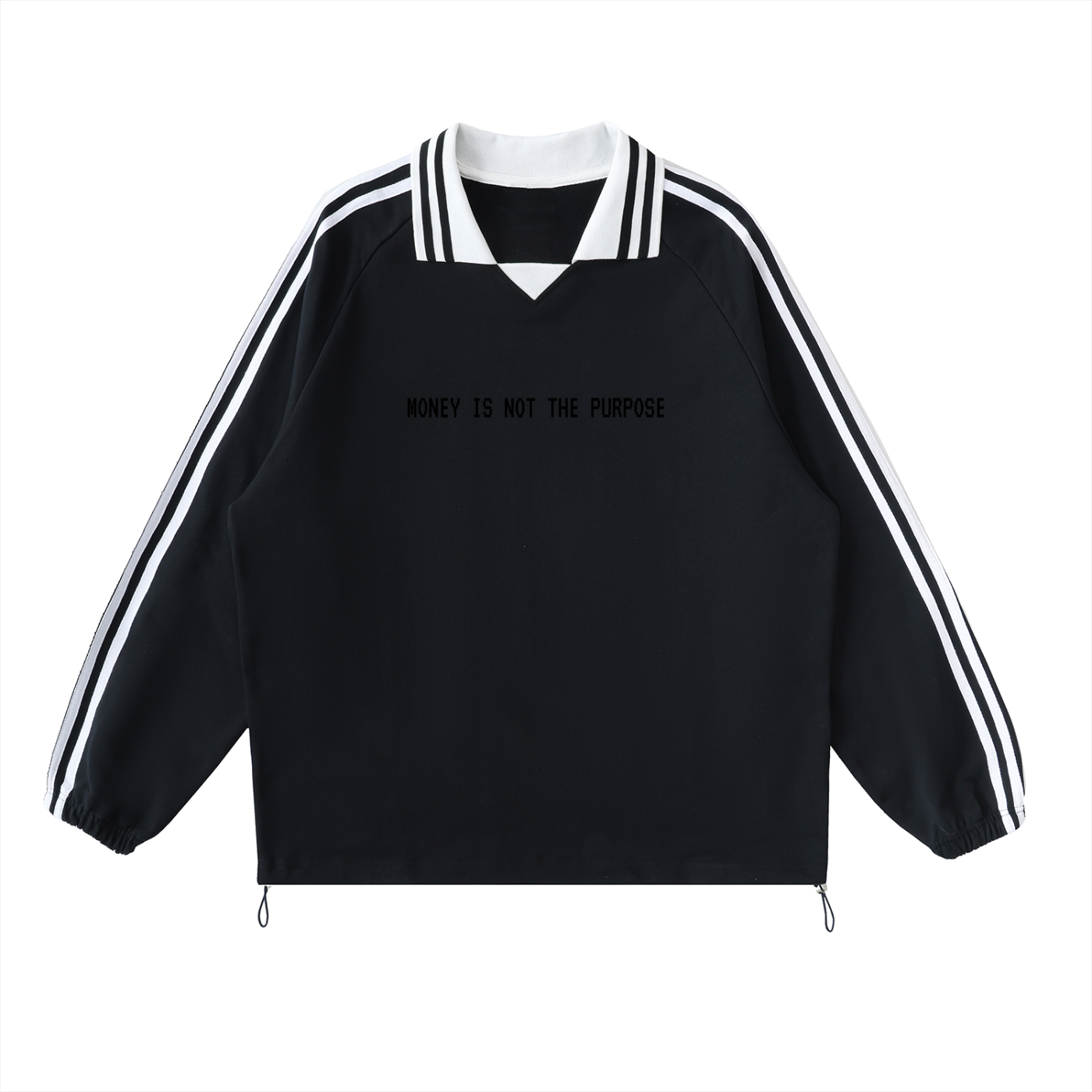 "MONEY IS NOT THE PURPOSE "Contrast Striped Lapel Collar Sweatshirt.