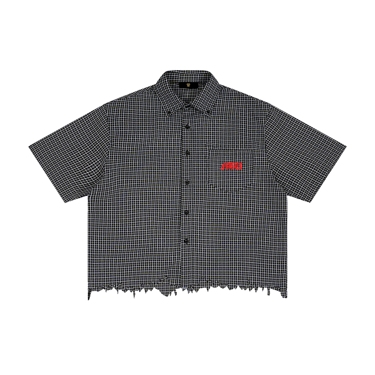 "Button up "Unisex Distressed Plaid Boxy Shirt.