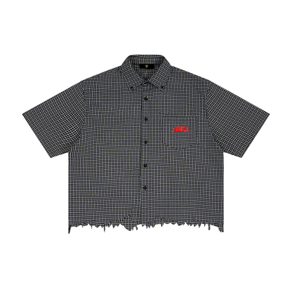"Button up "Unisex Distressed Plaid Boxy Shirt.