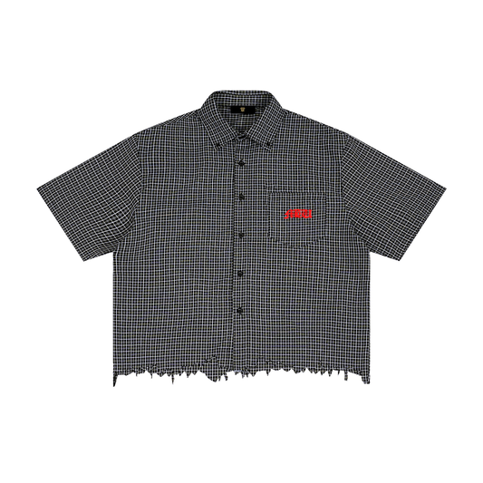 "Button up "Unisex Distressed Plaid Boxy Shirt.