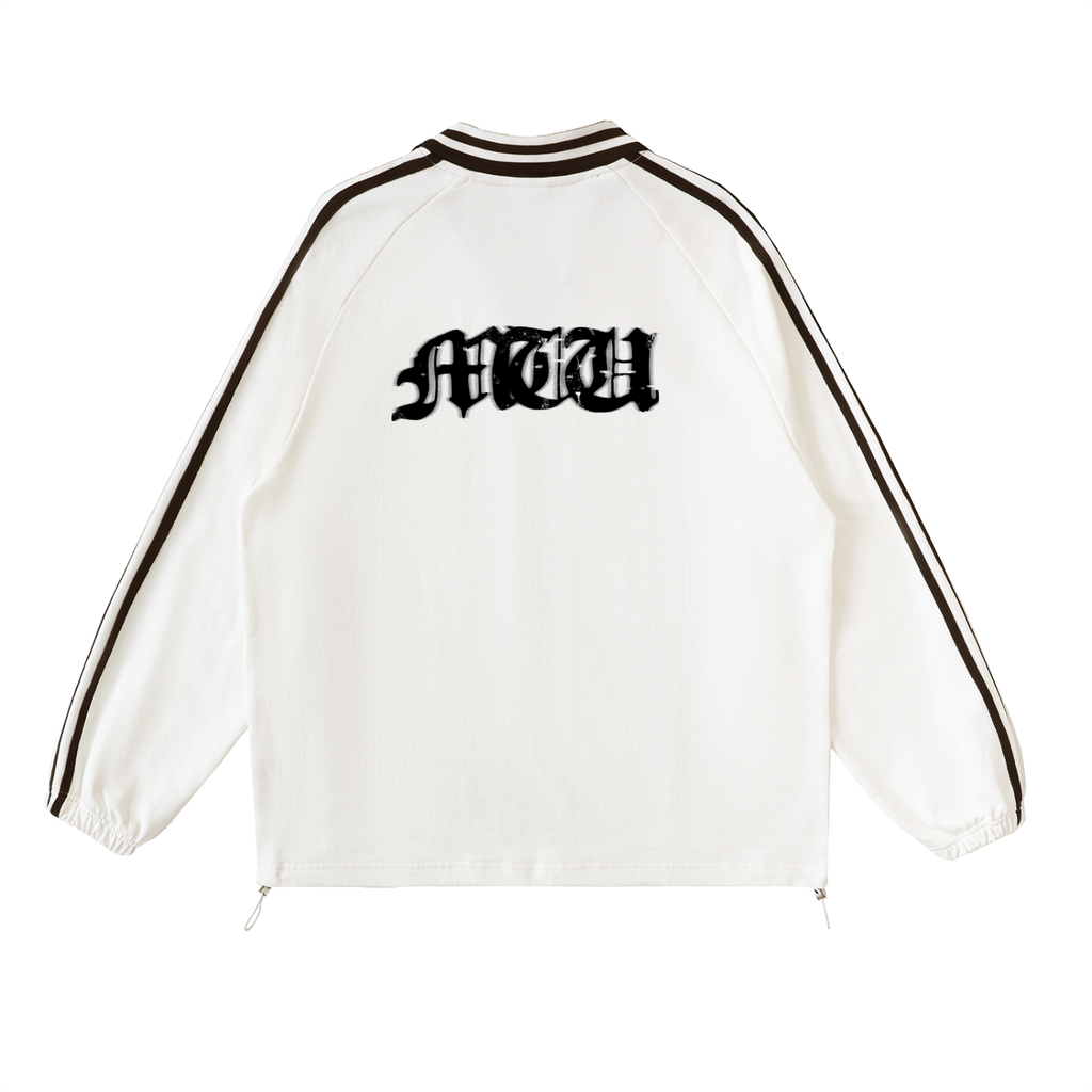 "MONEY IS NOT THE PURPOSE "Contrast Striped Lapel Collar Sweatshirt.