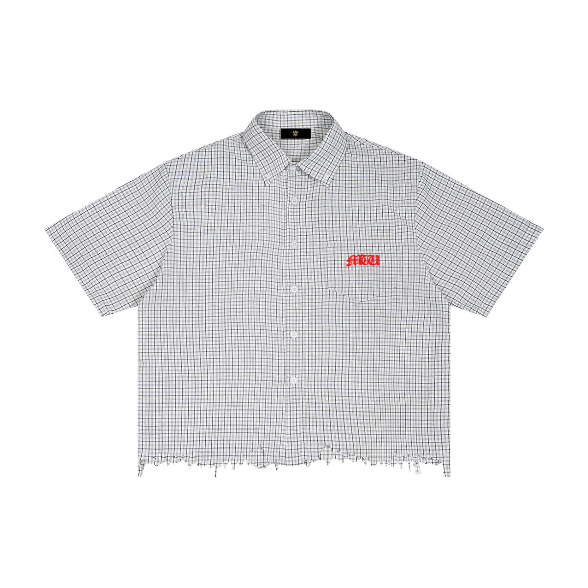 "Button up "Unisex Distressed Plaid Boxy Shirt.