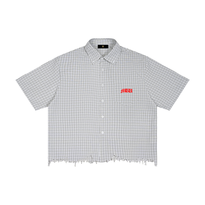 "Button up "Unisex Distressed Plaid Boxy Shirt.