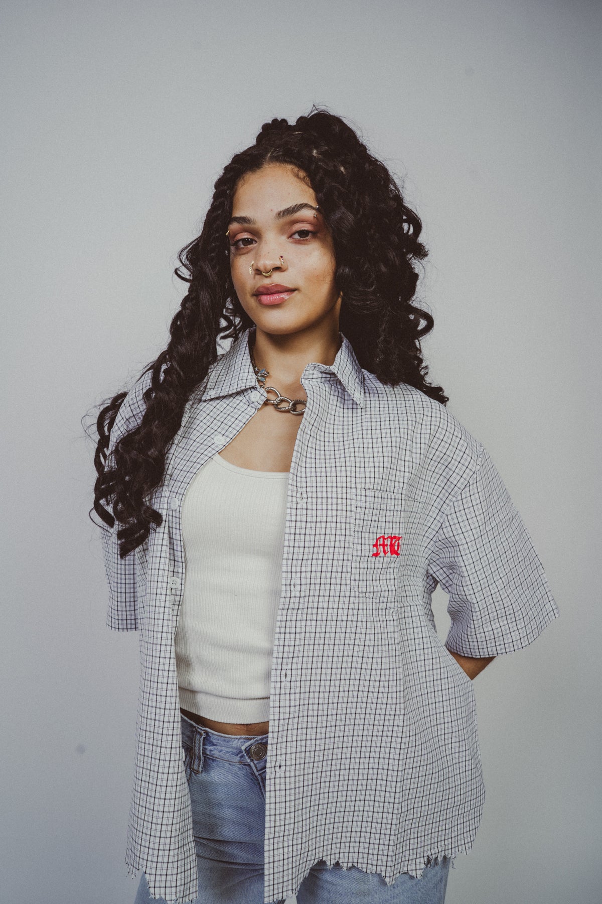 "Button up "Unisex Distressed Plaid Boxy Shirt.