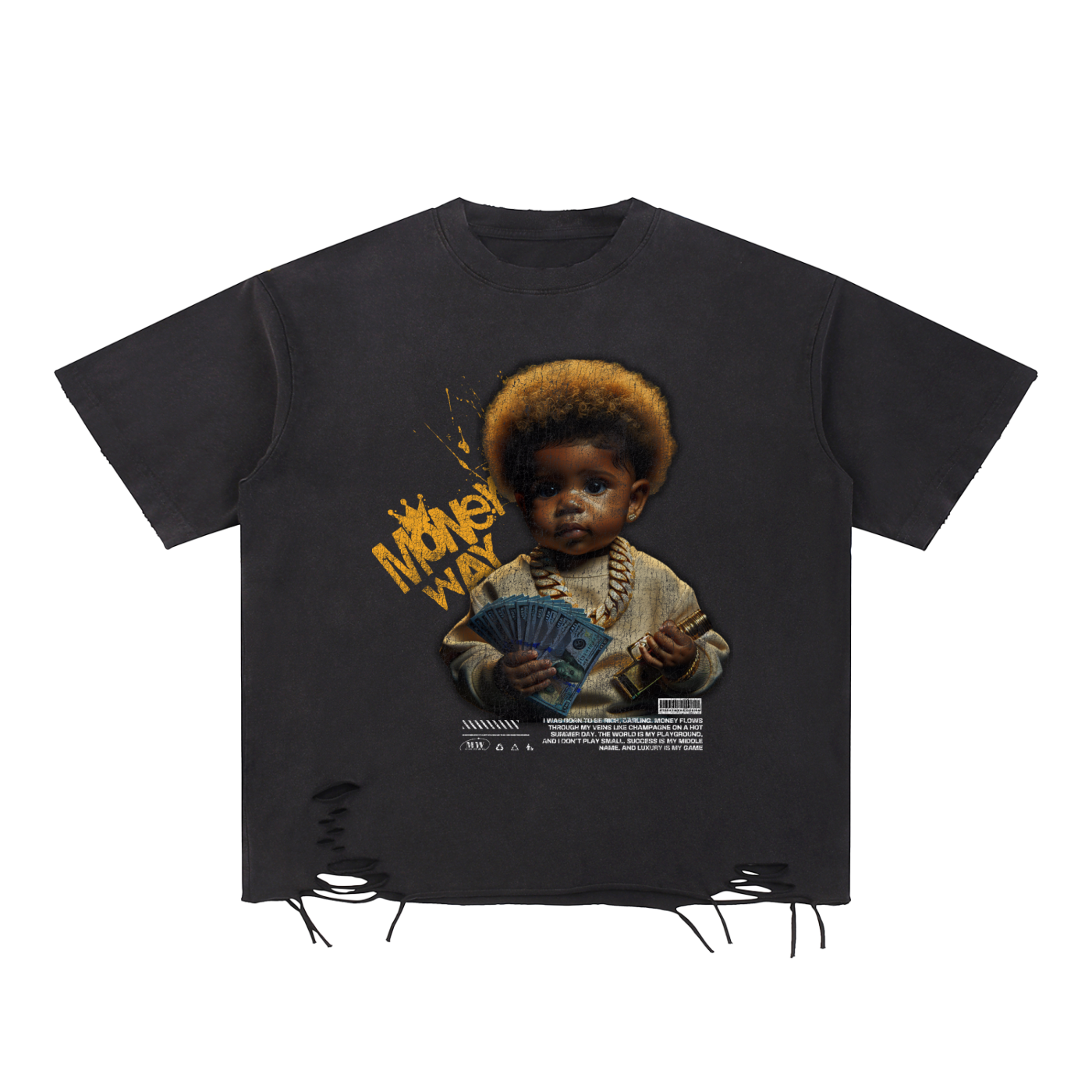"BABY HUSTLE"snow wash raw T shirt.