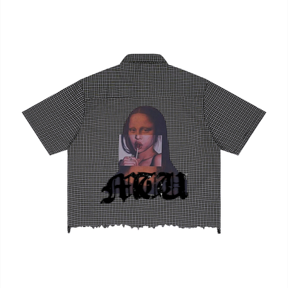 "Button up "Unisex Distressed Plaid Boxy Shirt.