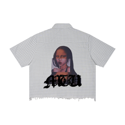 "Button up "Unisex Distressed Plaid Boxy Shirt.